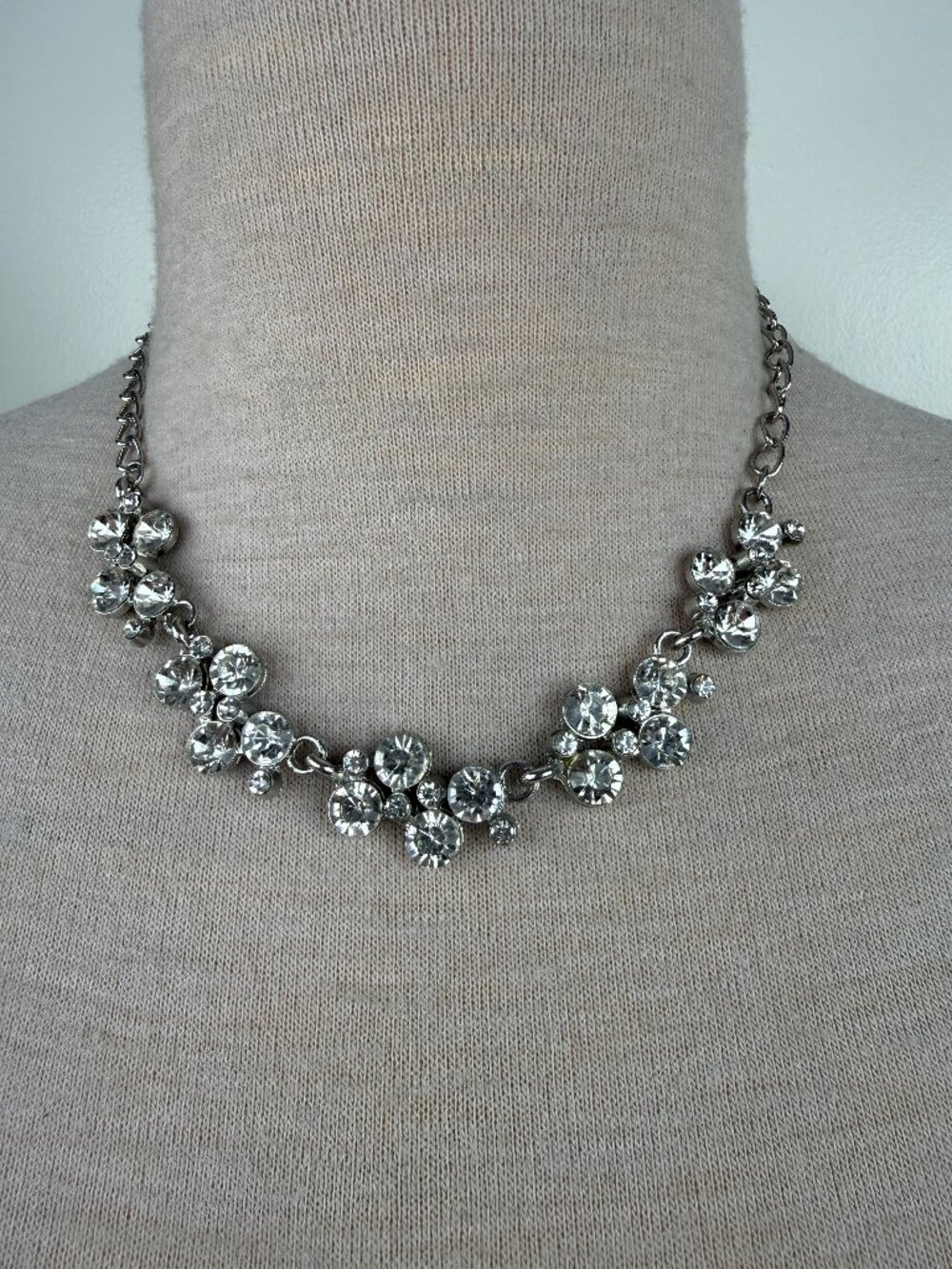Silver Tone & Rhinestone Link Chain Necklace 18-21"